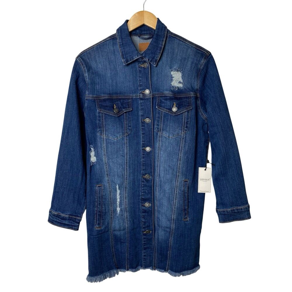Judy Blue Long Denim Jacket Womens M Distressed Button Front Stretch Raw Hem NWT